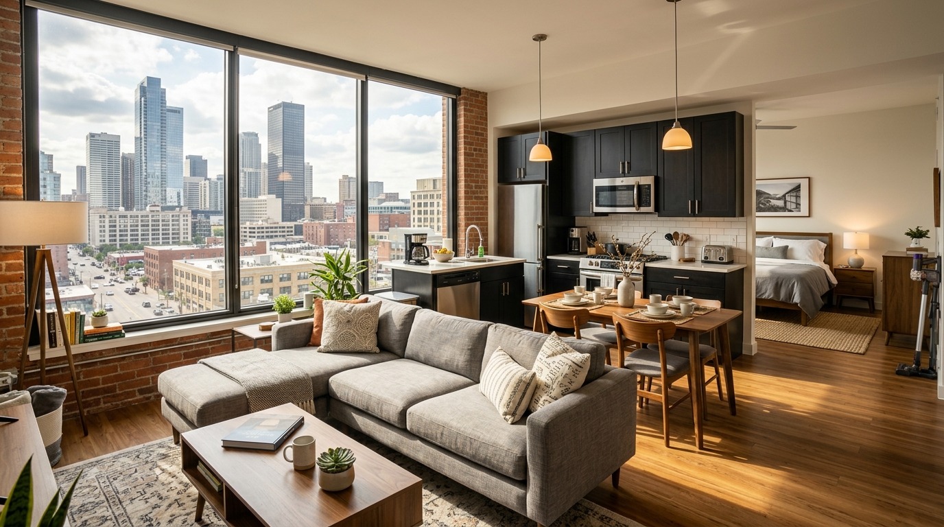 Modern furnished apartment showing what furnished apartments includes with ready-to-use furniture, kitchen, and essential home features